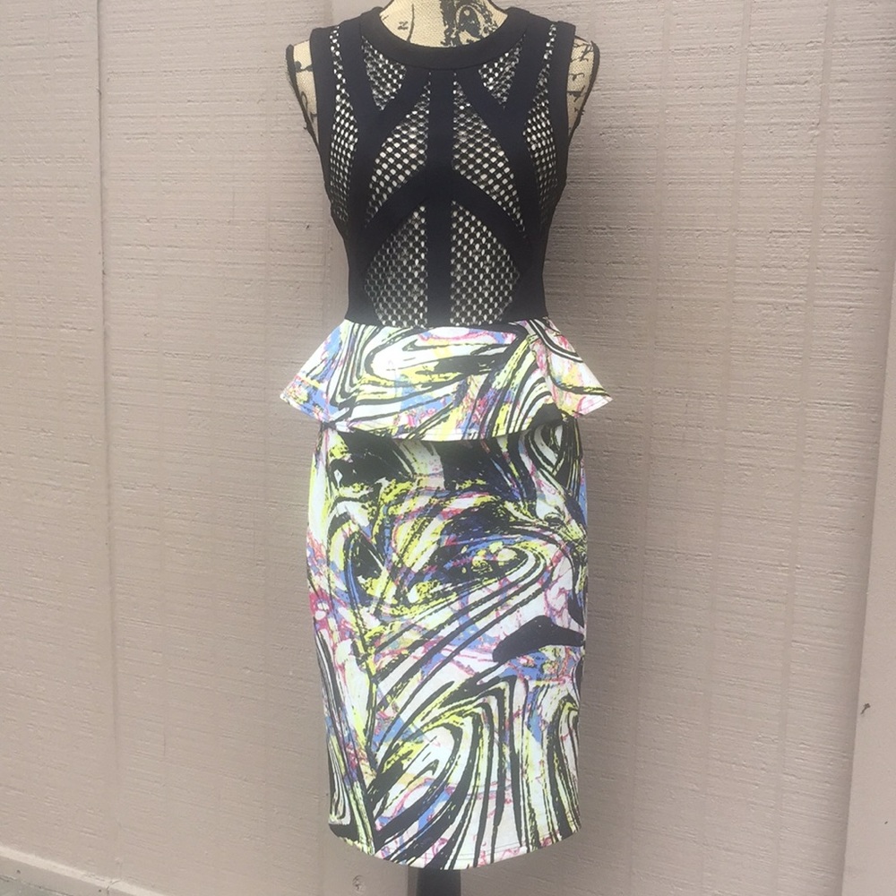 Sz M Bebe Peplum Black & Multicolor Midi Dress